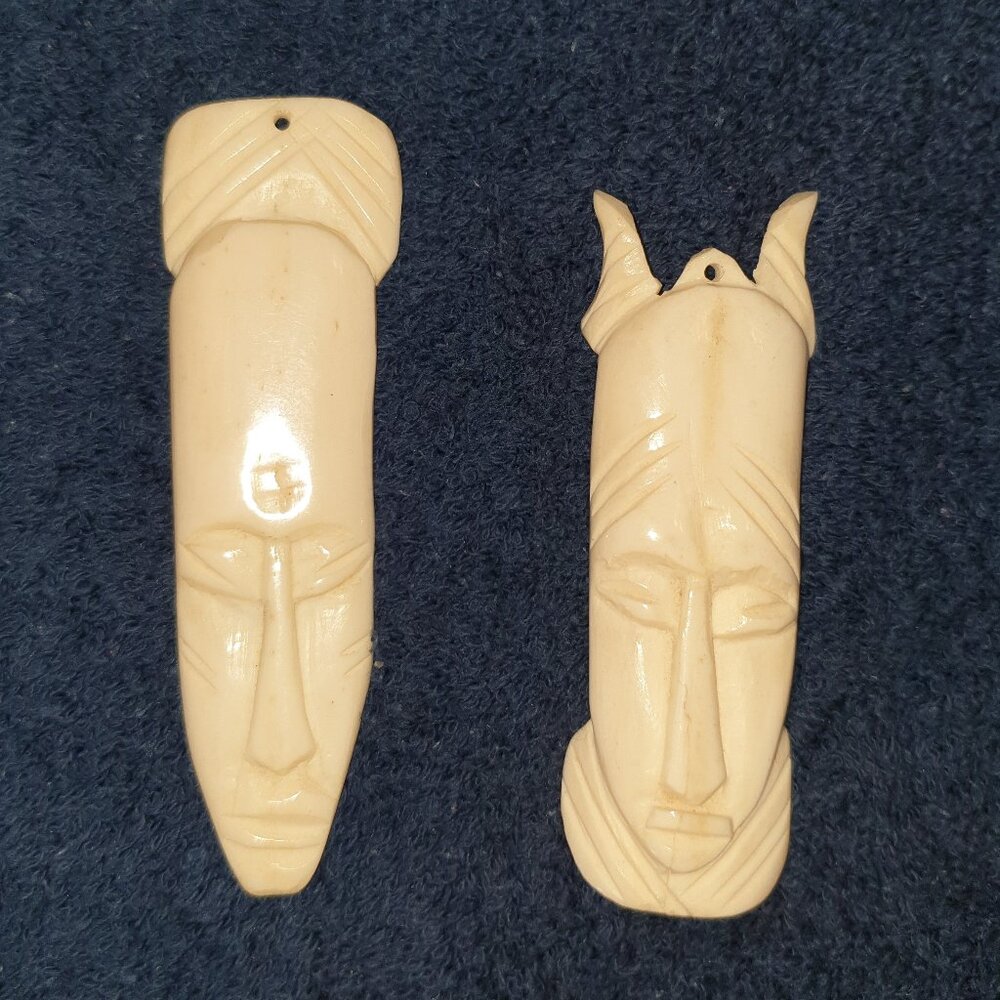 Rare African Vintage Tribal Bone Carved Mask Face Pendants – Set of 2
